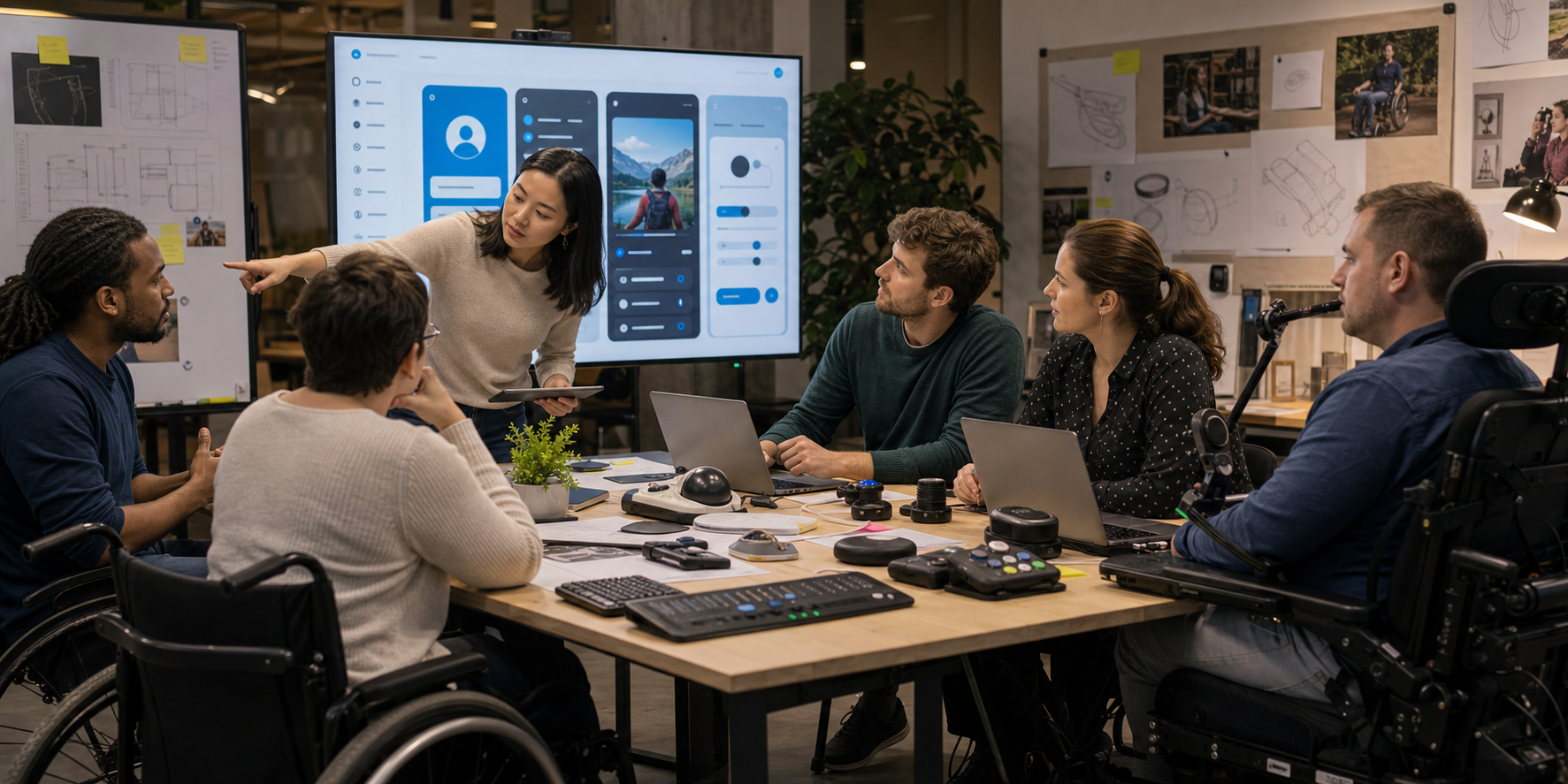 Accessibility technology team reviewing assistive software and hardware prototypes