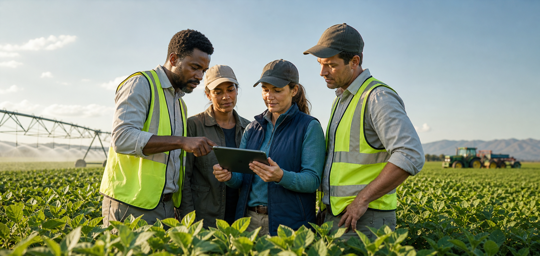 Agricultural workers reviewing field data on a tablet in a crop field