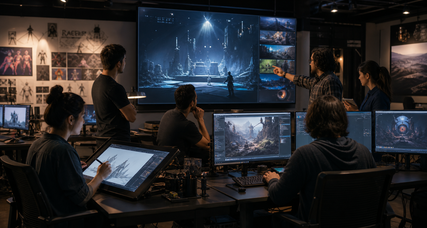 CG film production team reviewing digital scene work in a studio