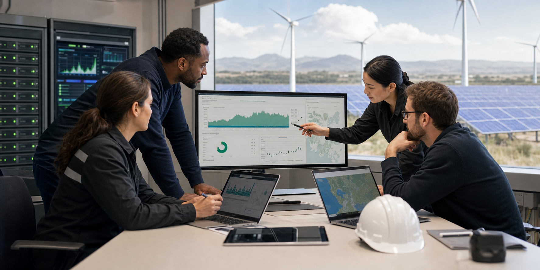 Energy operations team reviewing renewable infrastructure data