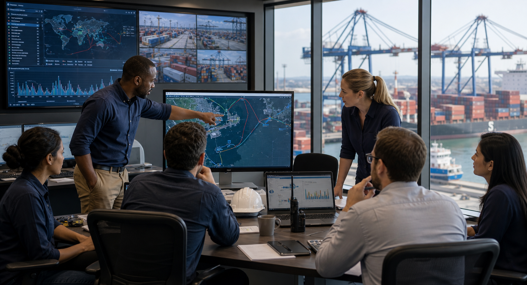 Port logistics team coordinating container movement with shared computer displays