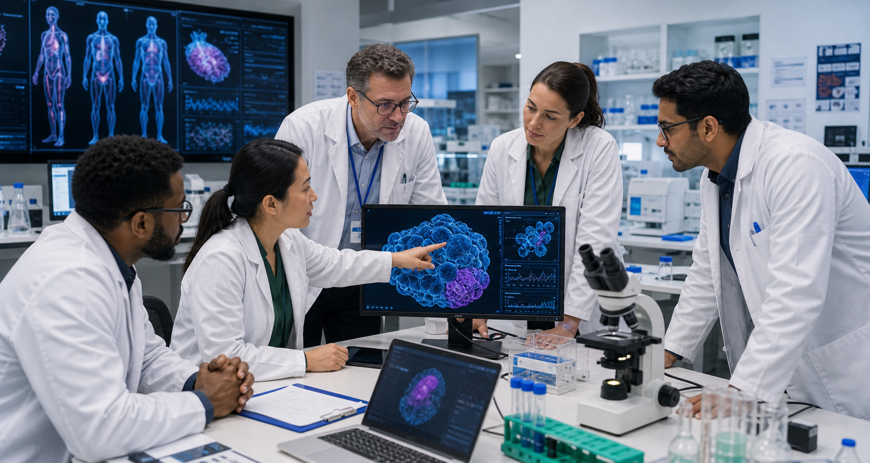 Healthcare research team reviewing computational medical simulation data