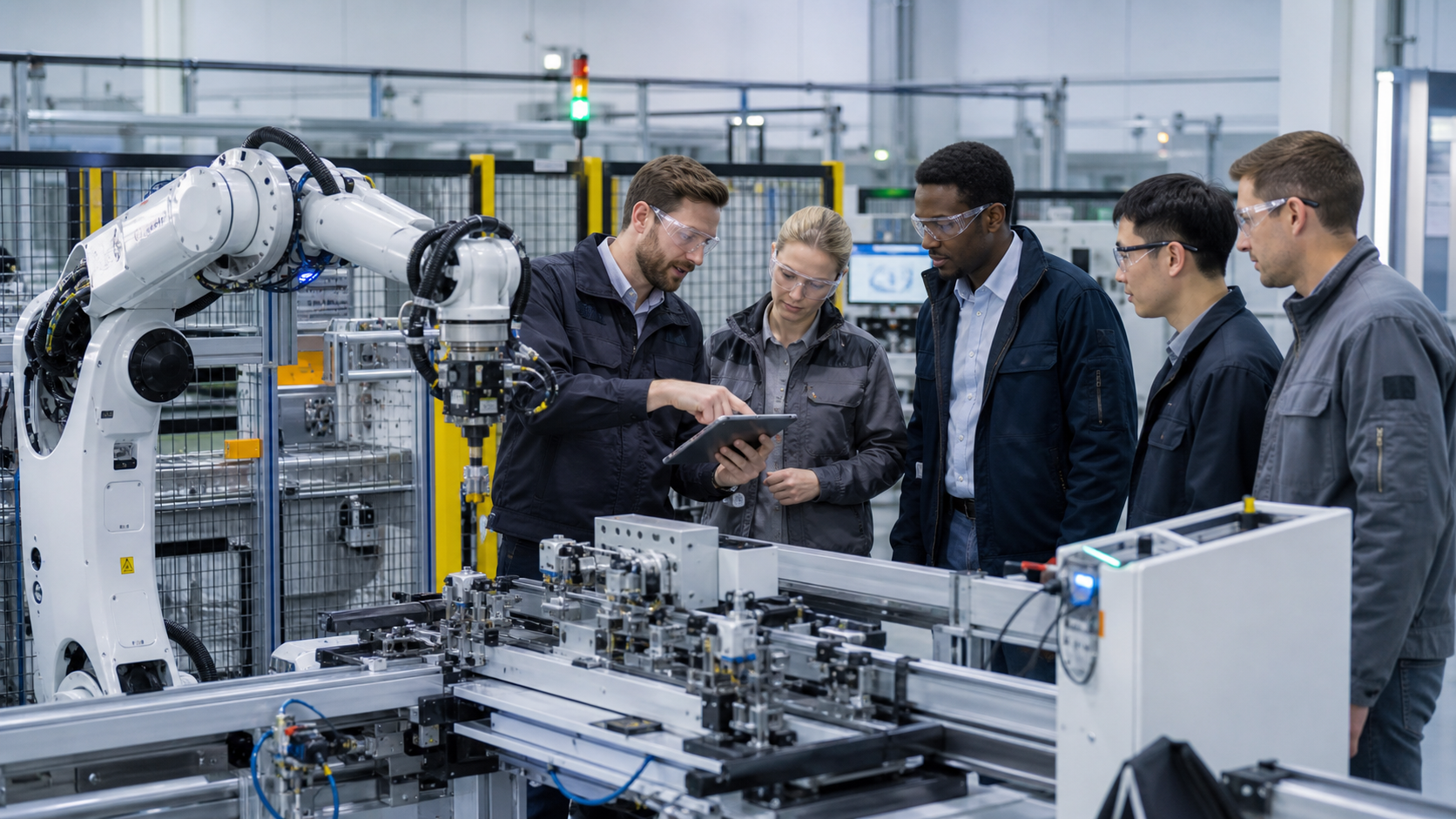 Factory team collaborating beside industrial robotic arms