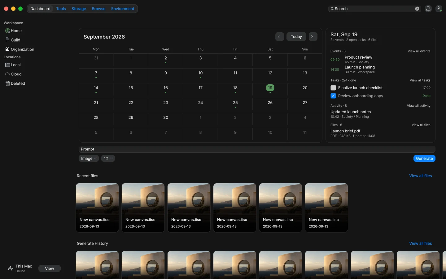 Society dashboard showing a monthly calendar, recent files, and generation history