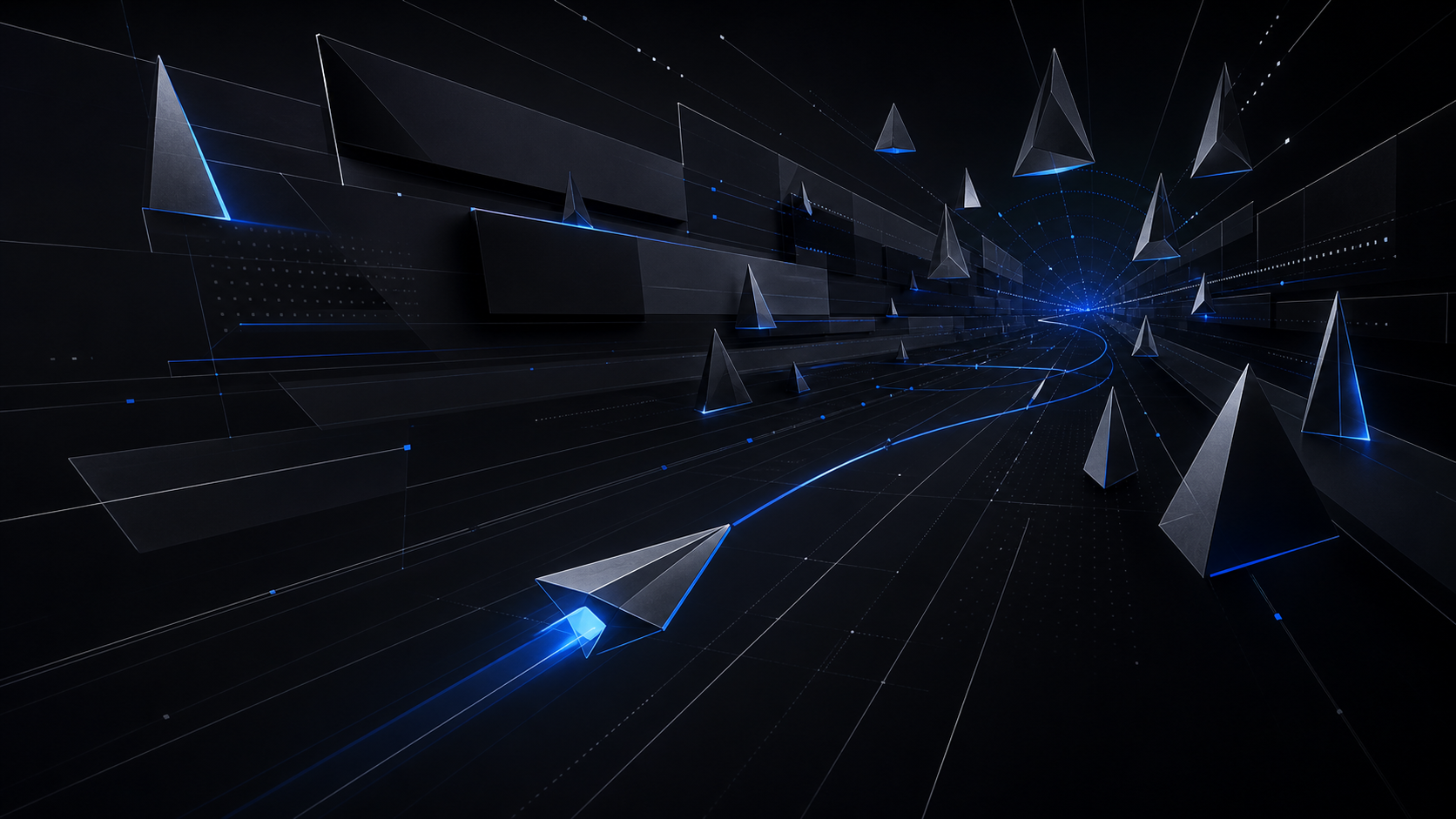 Geometry game corridor with blue flight path and triangular markers