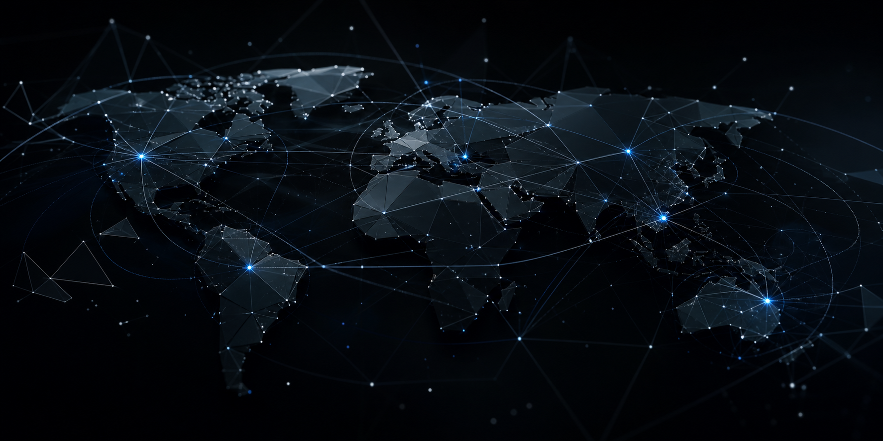 Geometry world map made of dark nodes and blue routes